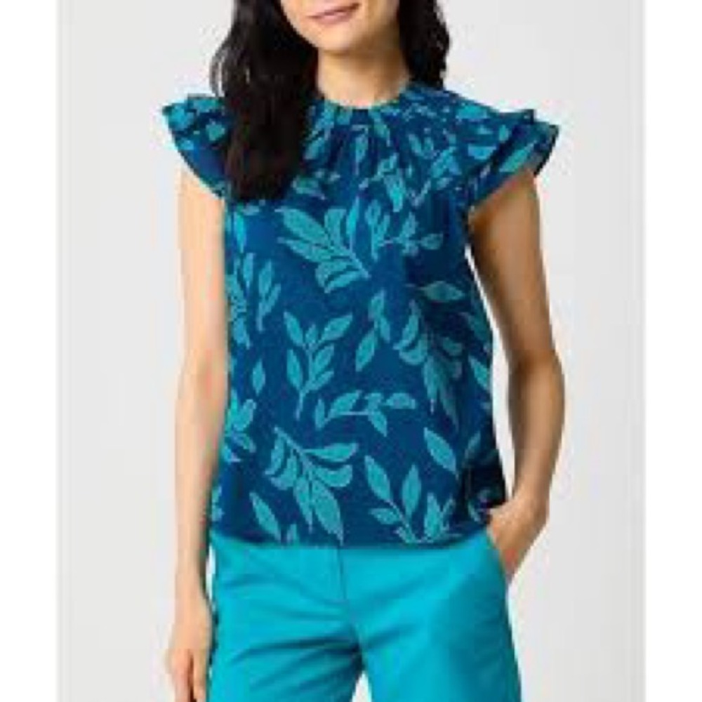 NWT J Crew Blue Flutter Sleeve Leaf-Print Ruffled Sleeve Top Women Medium